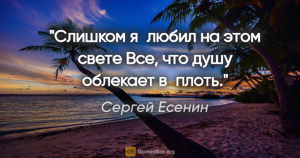 Сергей Есенин цитата: "Слишком я любил на этом свете

Все, что душу облекает в плоть."