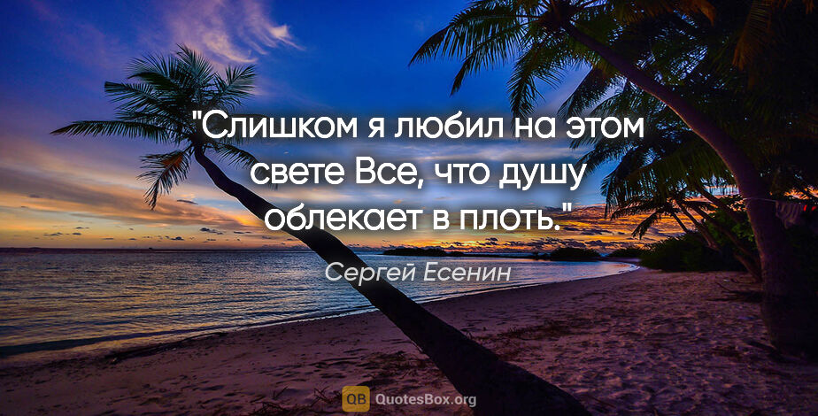 Сергей Есенин цитата: "Слишком я любил на этом свете

Все, что душу облекает в плоть."