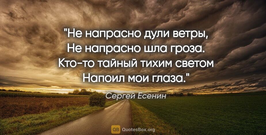 Сергей Есенин цитата: "Не напрасно дули ветры,

Не напрасно шла гроза.

Кто-то тайный..."