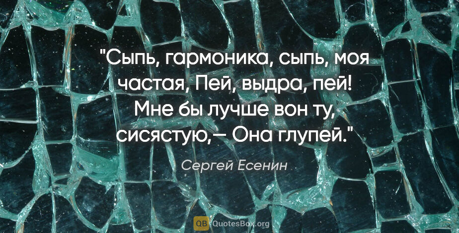 Сергей Есенин цитата: "Сыпь, гармоника, сыпь, моя частая,

Пей, выдра, пей!

Мне бы..."