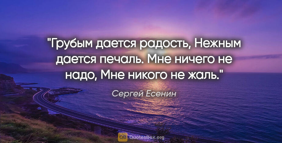 Сергей Есенин цитата: "Грубым дается радость,

Нежным дается печаль.

Мне ничего не..."