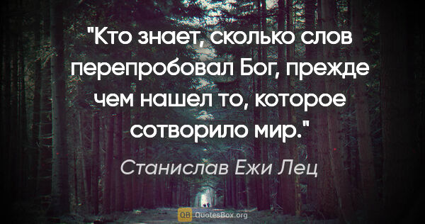 Станислав Ежи Лец цитата: "Кто знает, сколько слов перепробовал Бог, прежде чем нашел то,..."