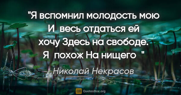 Николай Некрасов цитата: "Я вспомнил молодость мою

И весь отдаться ей хочу

Здесь на..."