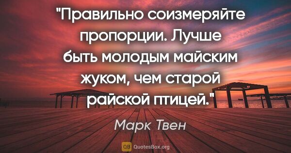 Марк Твен цитата: "Правильно соизмеряйте пропорции. Лучше быть молодым майским..."