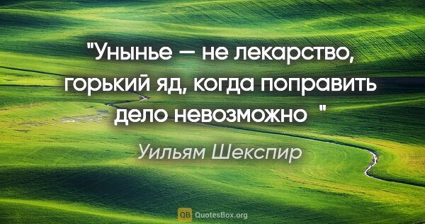 Уильям Шекспир цитата: "Унынье — не лекарство, горький яд, когда поправить дело..."