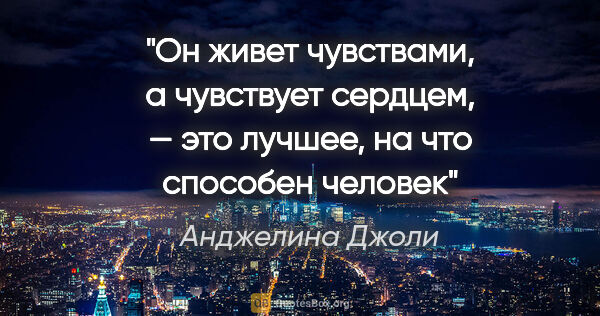 Анджелина Джоли цитата: "Он живет чувствами, а чувствует сердцем, — это лучшее, на что..."