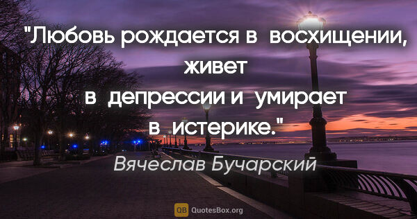Вячеслав Бучарский цитата: "Любовь рождается в восхищении, живет в депрессии и умирает..."