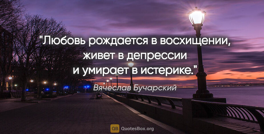 Вячеслав Бучарский цитата: "Любовь рождается в восхищении, живет в депрессии и умирает..."