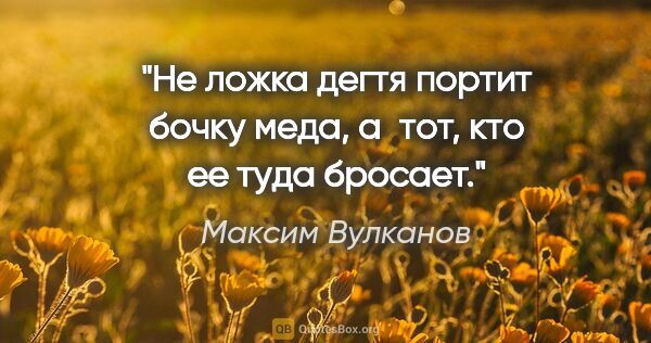 Максим Вулканов цитата: "Не ложка дегтя портит бочку меда, а тот, кто ее туда бросает."