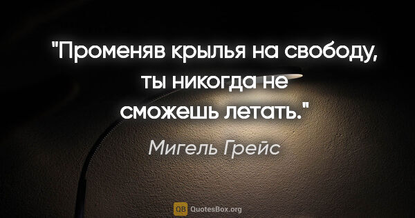 Мигель Грейс цитата: "Променяв крылья на свободу, ты никогда не сможешь летать."