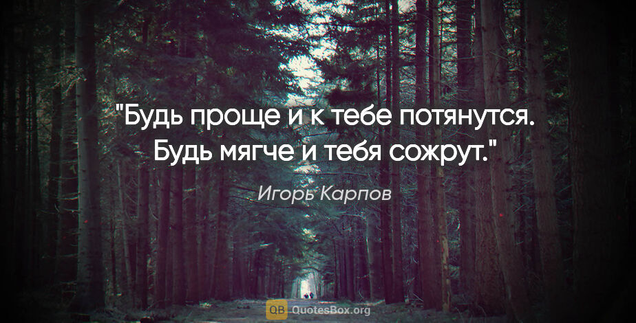 Игорь Карпов цитата: "Будь проще и к тебе потянутся. Будь мягче и тебя сожрут."
