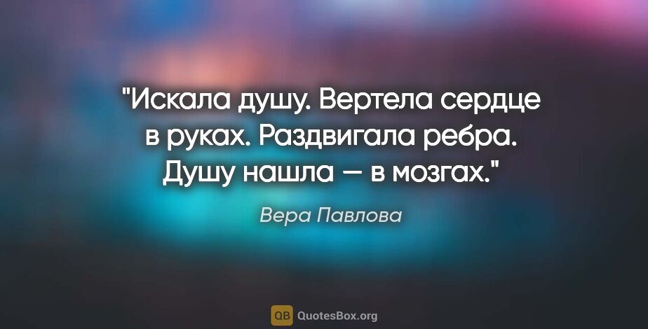 Вера Павлова цитата: "Искала душу.

Вертела сердце в руках.

Раздвигала ребра.

Душу..."