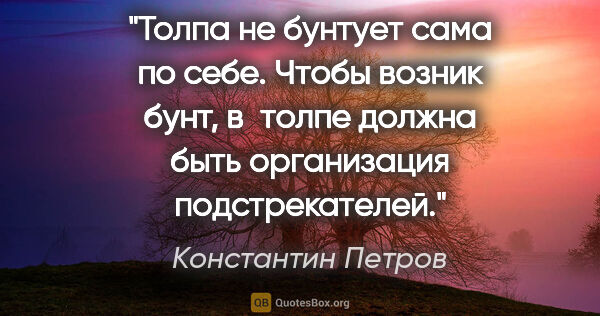 Константин Петров цитата: "Толпа не бунтует сама по себе. Чтобы возник бунт, в толпе..."