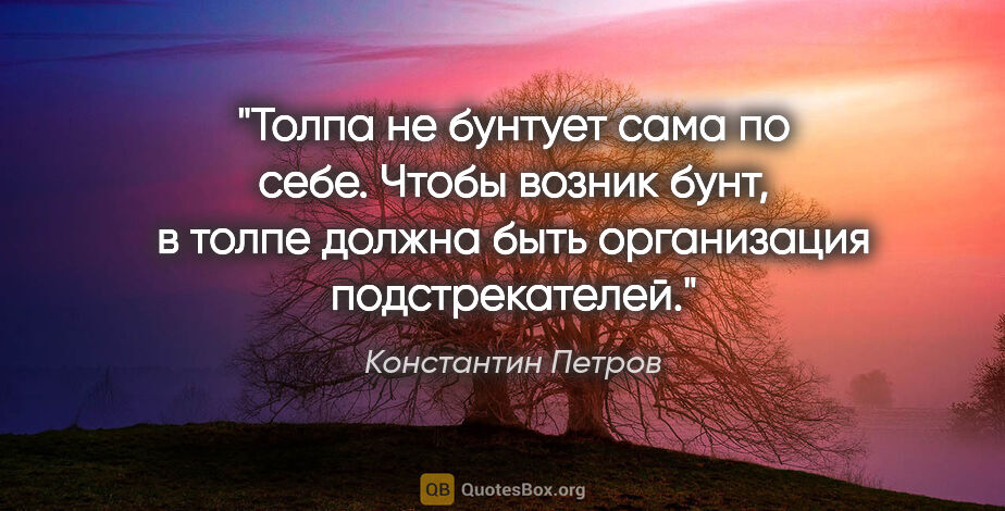 Константин Петров цитата: "Толпа не бунтует сама по себе. Чтобы возник бунт, в толпе..."