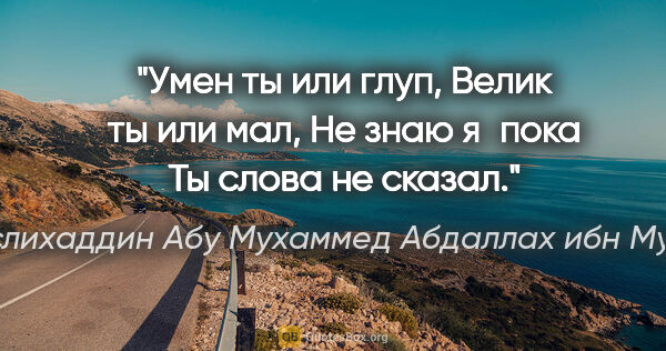 Саади (Муслихаддин Абу Мухаммед Абдаллах ибн Мушрифаддин) цитата: "Умен ты или глуп,

Велик ты или мал,

Не знаю я пока

Ты слова..."