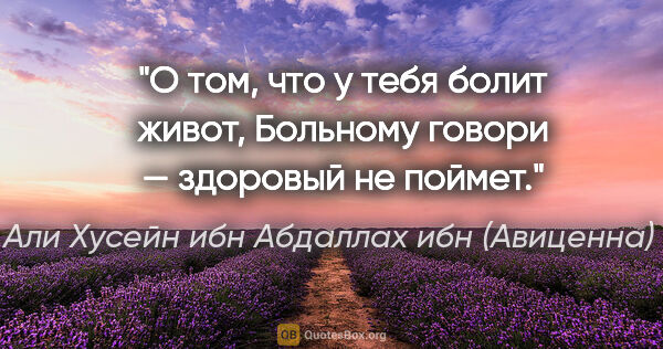 Абу Али Хусейн ибн Абдаллах ибн (Авиценна) Сина цитата: "О том, что у тебя болит живот,

Больному говори — здоровый не..."