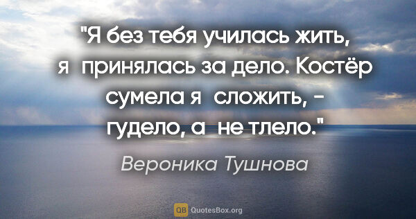 Вероника Тушнова цитата: "Я без тебя училась жить,

я принялась за дело.

Костёр сумела..."