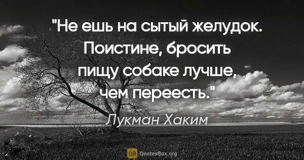 Лукман Хаким цитата: "Не ешь на сытый желудок. Поистине, бросить пищу собаке лучше,..."