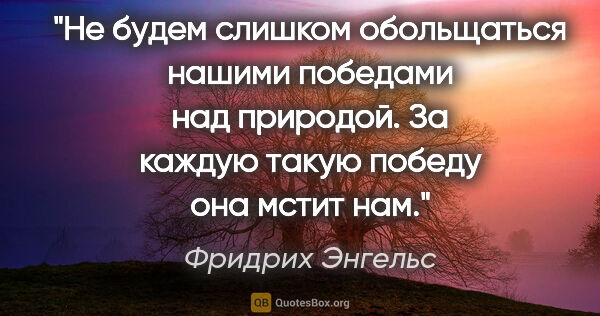 Фридрих Энгельс цитата: "Не будем слишком обольщаться нашими победами над природой. За..."