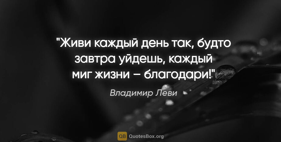 Владимир Леви цитата: "Живи каждый день так, будто завтра уйдешь, каждый миг жизни –..."