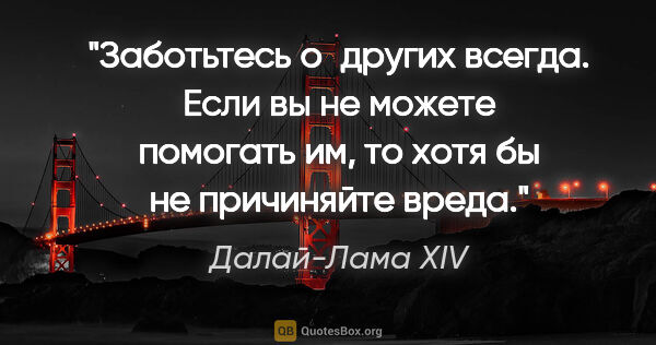 Далай-Лама XIV цитата: "Заботьтесь о других всегда. Если вы не можете помогать им, то..."