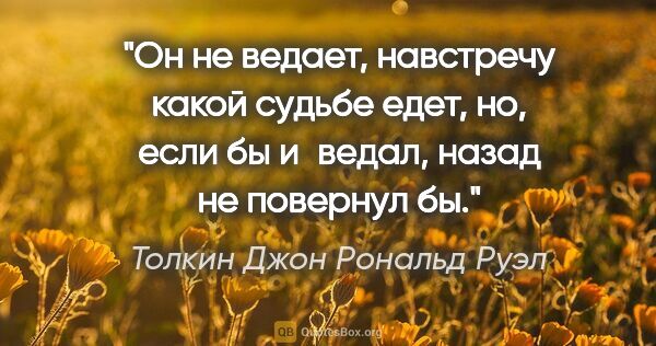 Толкин Джон Рональд Руэл цитата: "Он не ведает, навстречу какой судьбе едет, но, если бы..."