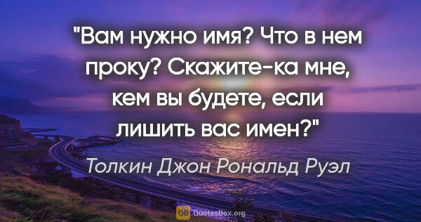 Толкин Джон Рональд Руэл цитата: "Вам нужно имя? Что в нем проку? Скажите-ка мне, кем вы будете,..."