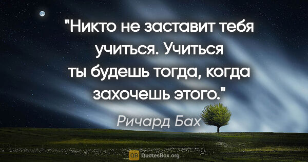 Ричард Бах цитата: "Никто не заставит тебя учиться.

Учиться ты будешь тогда,..."