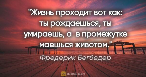 Фредерик Бегбедер цитата: "Жизнь проходит вот как: ты рождаешься, ты умираешь, а в..."