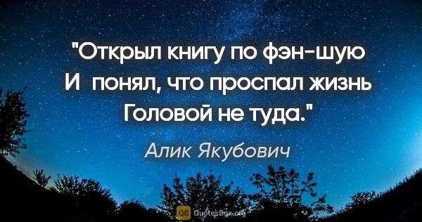 Алик Якубович цитата: "Открыл книгу по фэн-шую

И понял, что проспал жизнь

Головой..."