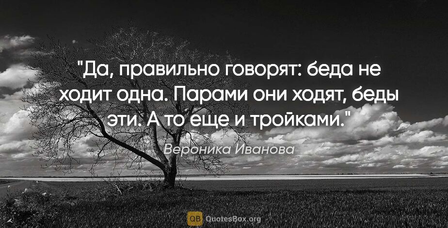 Вероника Иванова цитата: "Да, правильно говорят: беда не ходит одна. Парами они ходят,..."