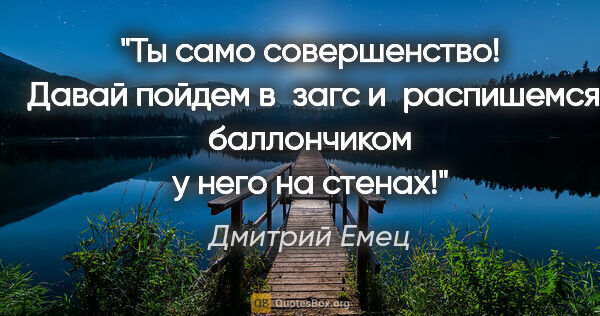 Дмитрий Емец цитата: "Ты само совершенство!  Давай пойдем в загс и распишемся..."