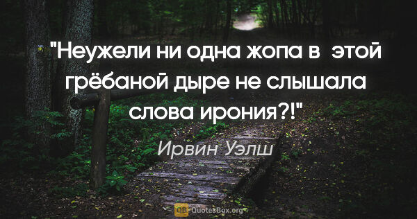 Ирвин Уэлш цитата: "Неужели ни одна жопа в этой грёбаной дыре не слышала слова..."