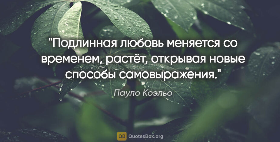 Пауло Коэльо цитата: "Подлинная любовь меняется со временем, растёт, открывая новые..."