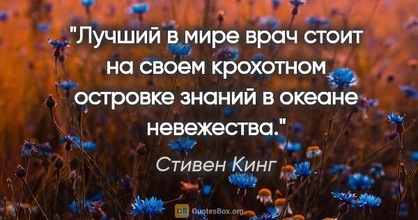 Стивен Кинг цитата: "Лучший в мире врач стоит на своем крохотном островке знаний..."