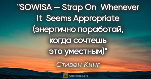 Стивен Кинг цитата: "SOWISA — Strap On Whenever It Seems Appropriate (энергично..."