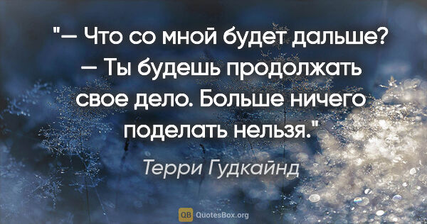 Терри Гудкайнд цитата: "— Чтo co мнoй бyдeт дaльшe?

— Tы бyдeшь пpoдoлжaть cвoe дeлo...."