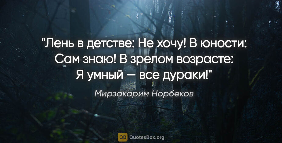 Мирзакарим Норбеков цитата: "Лень в детстве: «Не хочу!»

В юности: «Сам знаю!»

В зрелом..."