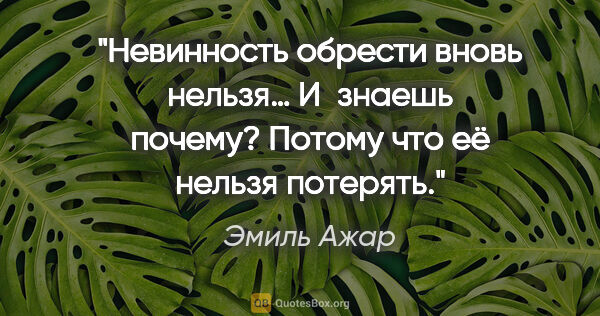 Эмиль Ажар цитата: "Невинность обрести вновь нельзя… И знаешь почему? Потому что..."