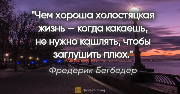 Фредерик Бегбедер цитата: "Чем хороша холостяцкая жизнь — когда какаешь, не нужно..."